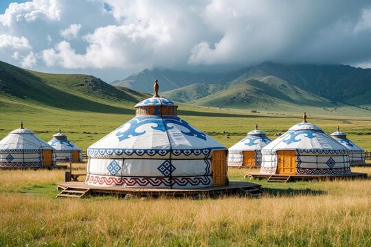 Traditional yurts stand on a grassy field with mountains in background. These circular dwellings are found in Central Asia. Nomadic culture inspired their unique architecture and design.