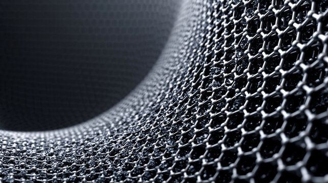 Abstract microscopic carbon graphene hexagonal metallic lattice structure grey wallpaper design.
