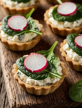 Small savory tarts with cream cheese filling topped with fresh spinach and radish slices rest on rustic wood. These mini appetizers offer healthy, crisp bite with vibrant colors, perfect for parties.