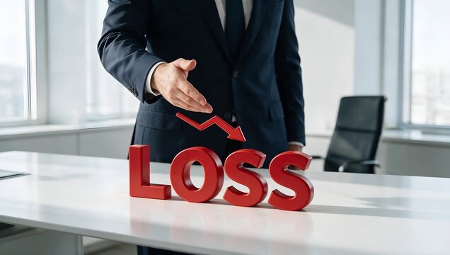 Business Executive Pointing at Red Loss Word Symbolizing Negative Financial Growth Trends