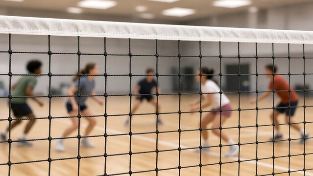 Group of Friends Playing Badminton on an Indoor Court Focusing on the Net Texture