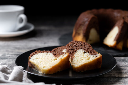 Marble bundt cake on wooden table