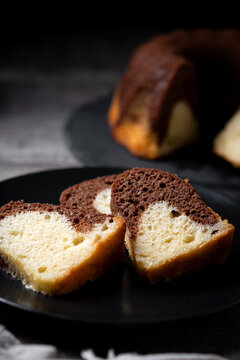 Marble bundt cake on wooden table