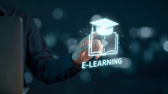A person interacting with a glowing digital e-learning icon representing online education and virtual classroom training concepts