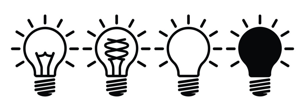 Light bulb icon set displaying four different illumination levels in a clean row, isolated on a transparent background.  