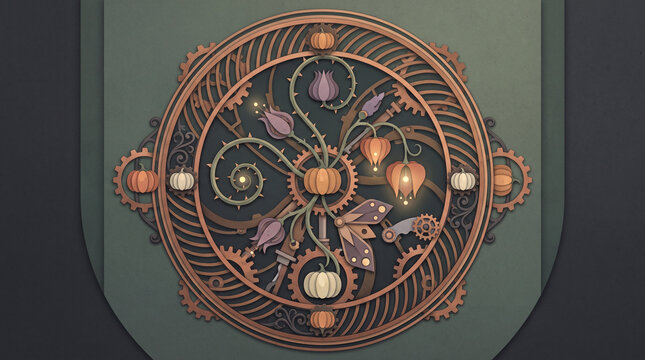 Steampunk Halloween Pumpkin Mechanical Garden Wheel Ornament with Copper Gears and Gothic Flowers