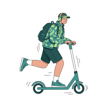 Young man riding a kick scooter in pixel art style isolated on transparent background, illustration