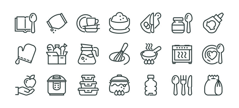 Cookware kitchen, cooking food culinary ingredient outline thin icons set. Line signs cookery gastronomy and dish recipe. Thin vector isolated pictograms pack for web and app on white background.