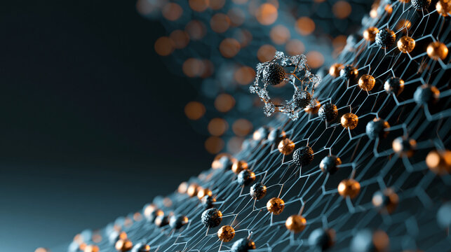 Abstract molecular structure with interconnected spheres representing nanotechnology or complex network.
