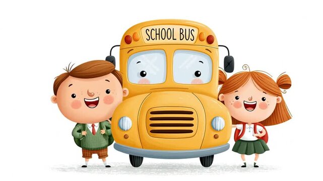 Cute cartoon kids schoolchildren, school bus, flat design illustration, on white background