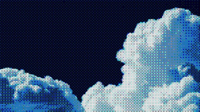 Dramatic fluffy white clouds in dark blue sky rendered in halftone dot pattern pixel art style.