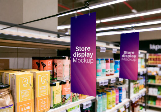 Supermarket Shelf Hanging Sign Mockup