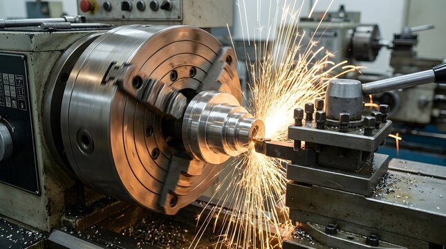 Metal Lathe Machining Process Creating Precision Steel Components with Bright Sparks Flying in Industrial Workshop