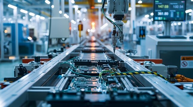 High-tech automated factory production line with robotic arm assembling electronics in modern manufacturing facility
