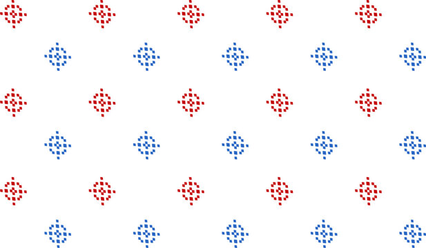 abstract flower square dot round snowflakes two tone blue and red star flower asterisk horizontal row pattern on white background as seamless repeat style replete image design for fabric printing, dot