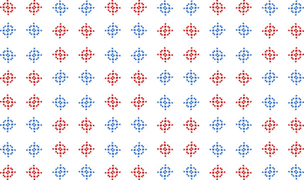 round dot flower, square round snowflakes two tone blue and red star flower asterisk horizontal row pattern on white background as seamless repeat style replete image design for fabric printing, dot b