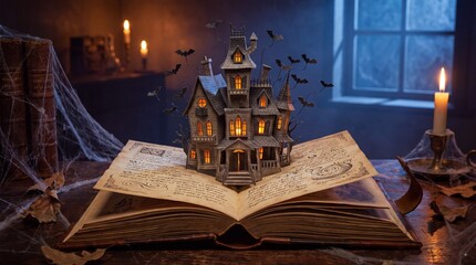 Fototapeta premium Spooky Haunted House Emerging from Vintage Storybook for Halloween