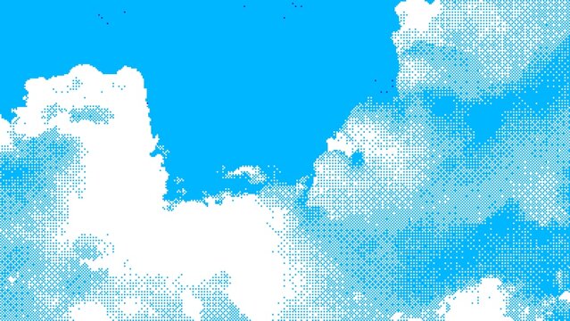 Bright blue sky with white clouds rendered in halftone dot grid pixel art illustration style.