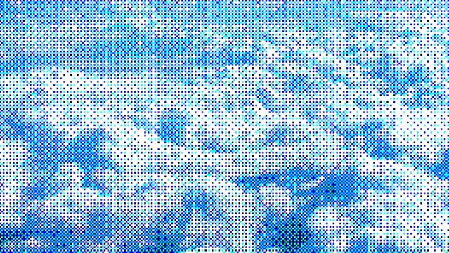 Bright cyan blue sky with white clouds in retro halftone dot pixel art illustration style.