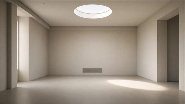 Cinematic city timelapse background featuring empty modern interior room, minimalist architecture, skylight, soft sunlight, neutral walls, spacious composition, calm urban design atmosphere