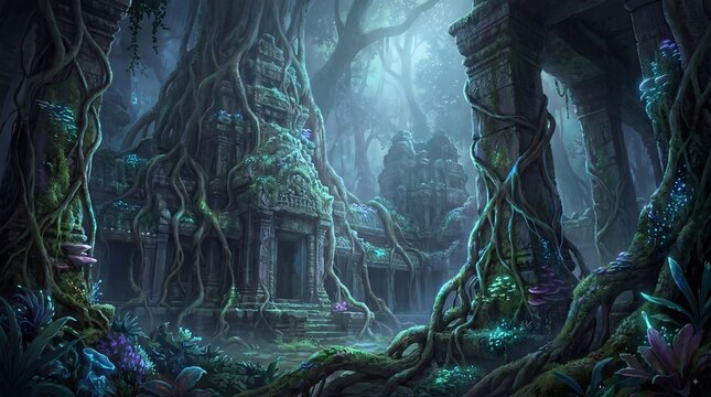 Ancient overgrown stone temple ruins in mystical glowing jungle