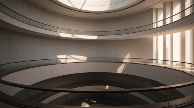 Cinematic city timelapse background modern interior architecture curved balcony skylight warm geometric shadows elegant urban building atrium glass railing tranquil sunlight gallery design concept