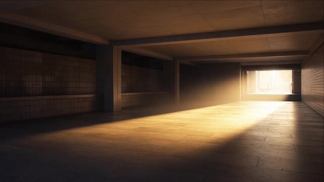 Cinematic City Timelapse Background, Empty Underground Passage Interior Architecture with Warm Sunlight Through Distant Window, Long Shadows, Quiet Urban Atmosphere, Dramatic Tiled Perspective