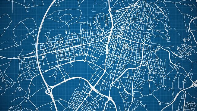 Ink reveal animation of Girona (Gerona) city, Spain (Espa&ntilde;a) grid map. Aerial top view. Blueprint style. White lines with blue background. 4K Seamless loop.