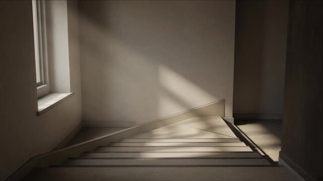 Staircase interior sunlight shadow cinematic city timelapse background featuring warm light across modern architecture building spaces with peaceful geometric shadows and quiet urban atmosphere