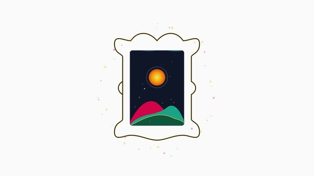Animated ornate picture frame drawing a stylized night landscape with glowing moon and colorful hills