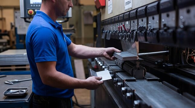 Industrial worker operating hydraulic press brake machine for precision metal bending and manufacturing in factory workshop environment