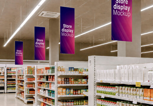 Supermarket Suspended Ceiling Sign Mockup