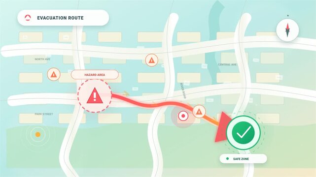 Evacuation route map showing emergency warning and safe zone destination with navigation arrows and checkmark