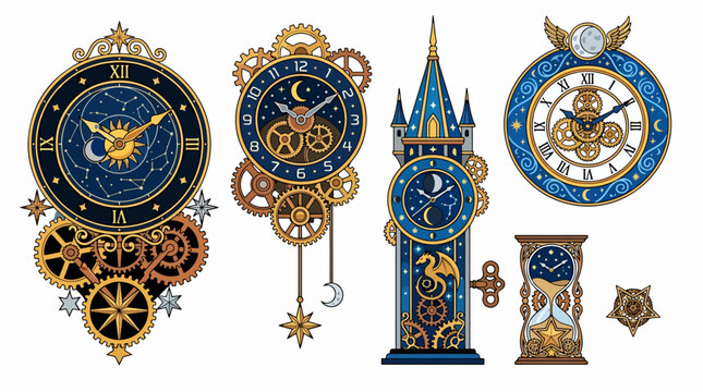 Collection of ornate clock faces.
