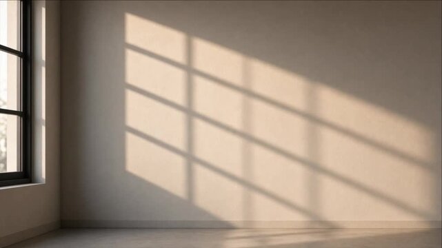 Cinematic city timelapse background with warm sunlight and geometric window shadow across beige interior wall and floor, calm architectural atmosphere, minimalist design copy space for visual projects