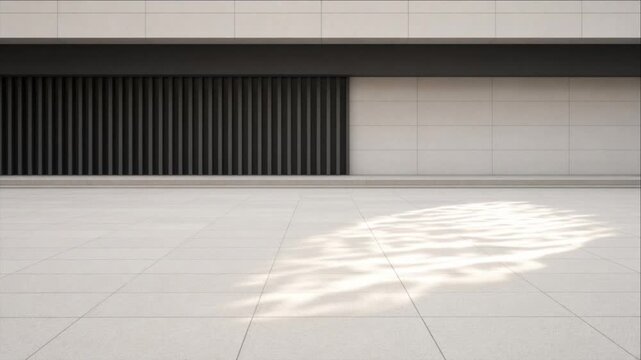Cinematic City Timelapse Background, Modern Architecture Plaza with Geometric Tile Flooring, Dark Vertical Grille, Pale Wall and Sunlight Patterns across Calm Urban Facade