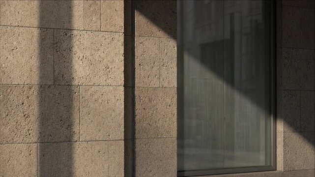Architectural Facade Cinematic City Timelapse Background with Textured Stone Wall, Reflective Window, Geometric Shadow, Warm Sunlight, and Quiet Urban Architecture