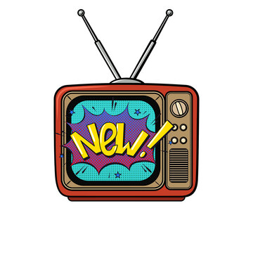Retro TV with "New!" on the screen. Vintage electronics. Pop art vintage Illustration on a transparent background