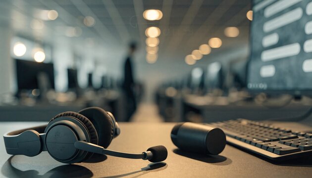 Professional headset and microphone on a desk in a modern corporate call center workspace