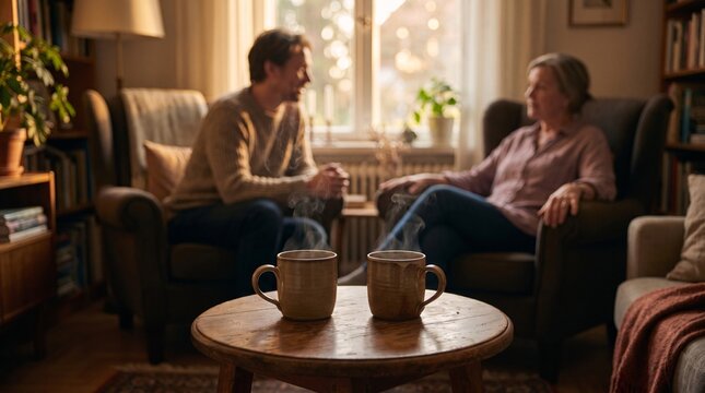 Two ceramic mugs on a table with psychologist talking in a cozy sunlit room interior