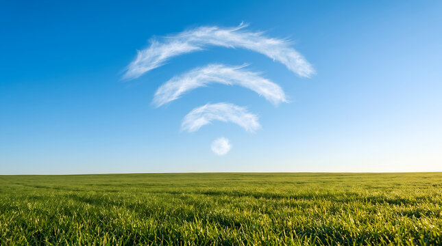 Wireless connectivity symbol floating above a green field
