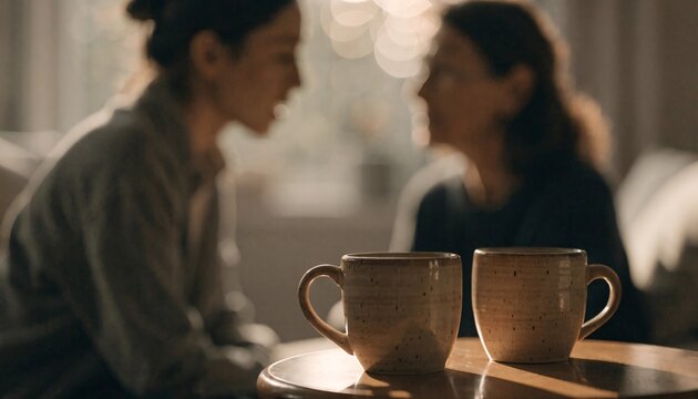 Two ceramic mugs on a table with psychologist talking in a cozy sunlit room interior