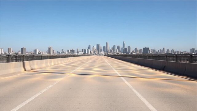 Cinematic city timelapse background of empty urban roadway elevated concrete highway bridge, glowing light trails leading toward modern skyline beneath clear blue sky, spacious calm atmosphere