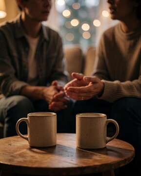 Two ceramic mugs on a table with psychologist talking in a cozy sunlit room interior
