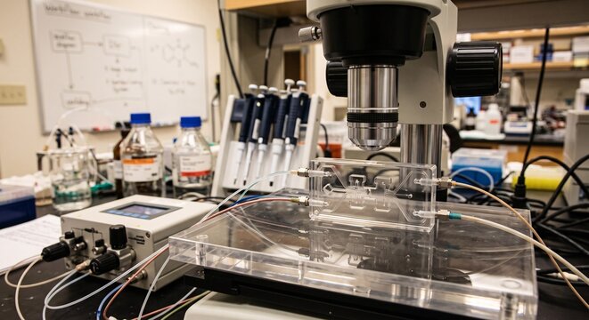 A microfluidic chip experiment on a lab bench under a microscope in a research facility