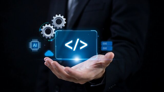 Professional software developer holding a futuristic digital coding interface representing artificial intelligence and advanced technology systems