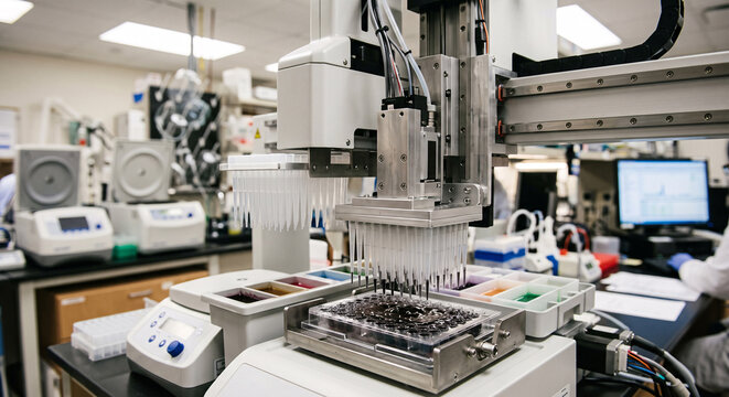 Automated laboratory robotic liquid handler performing chemical analysis in a research lab