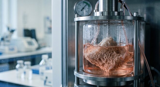 Biological tissue sample undergoing testing inside a pressurized glass laboratory bioreactor