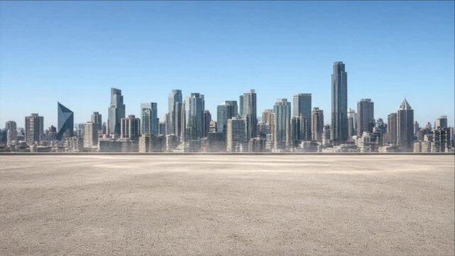 Cinematic city timelapse background featuring modern skyline, broad sandy waterfront, textured shoreline, reflective water, clear blue sky, skyscraper building architecture, calm urban coastal scene