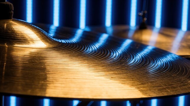 Golden drum cymbal with textured metal surface reflects warm light against blue neon background. Percussion instrument detail for music performance or studio.
